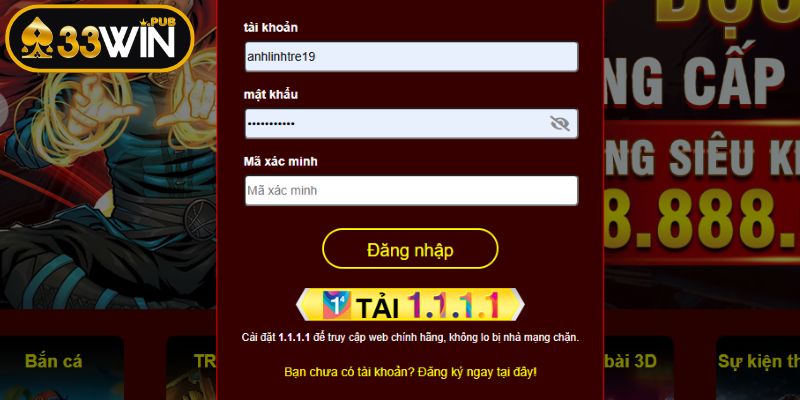 Nhập nội dung đăng nhập 33WIN vào tài khoản