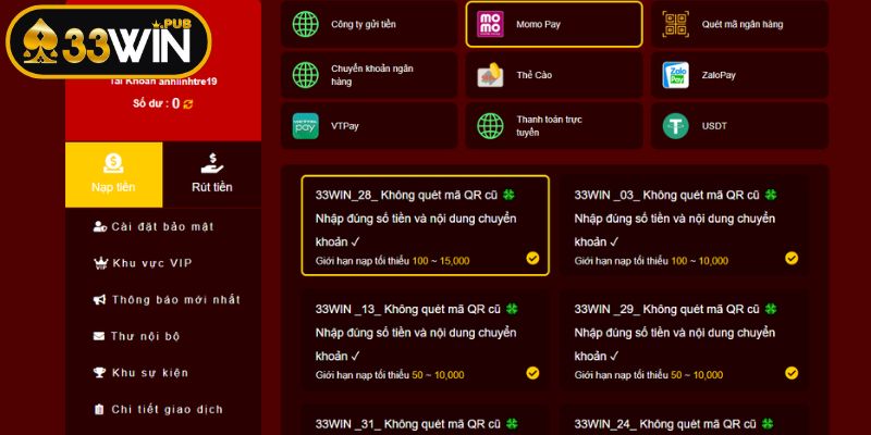 Nạp tiền 33WIN bằng ví điện tử