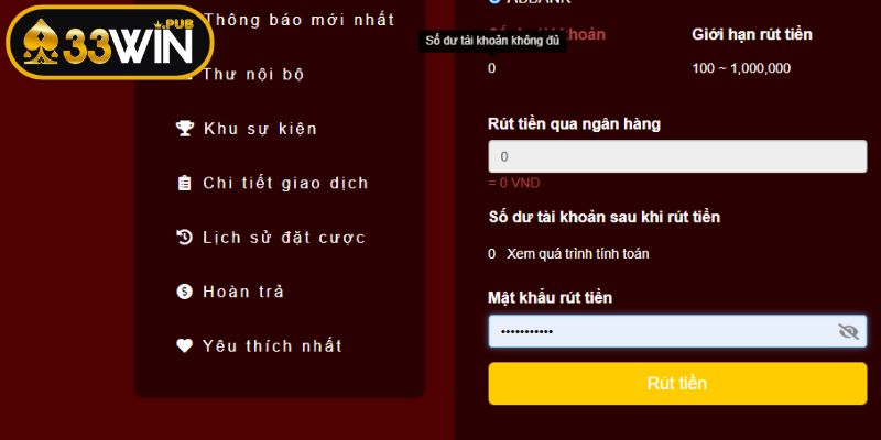 Điền thông tin rút tiền 33WIN