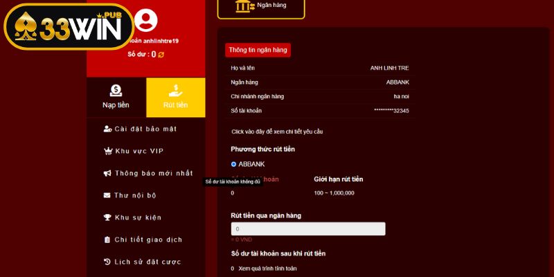 Phương thức rút tiền 33WIN được hỗ trợ